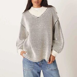 Open-Knit Cream V-Neck Sweater